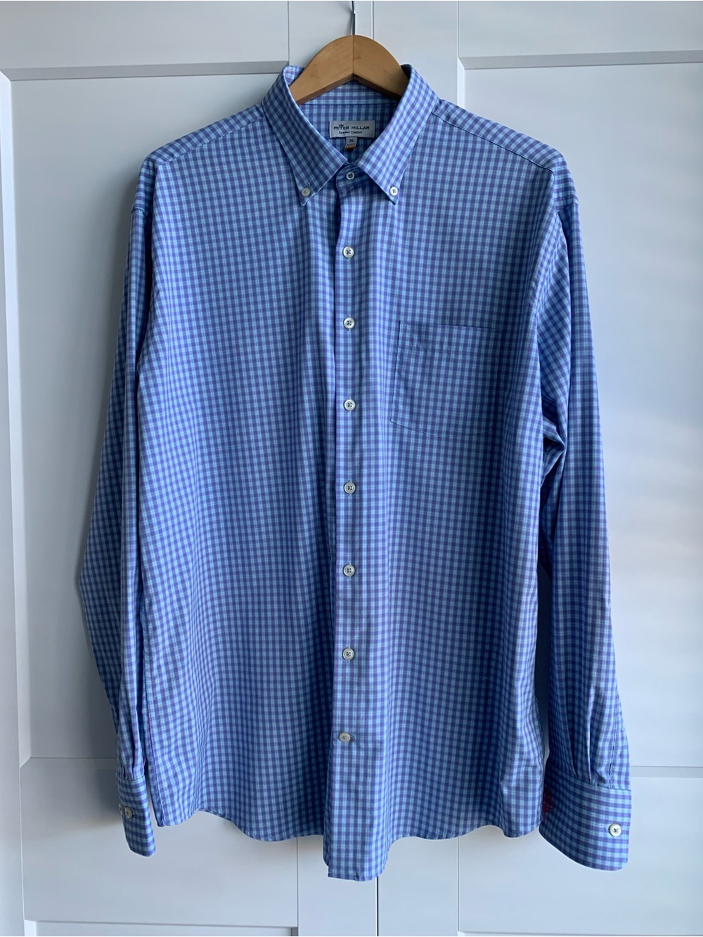 Peter Millar Shirt summer comfort Blue Gingham Button-Down Dress Shirt size XXL
